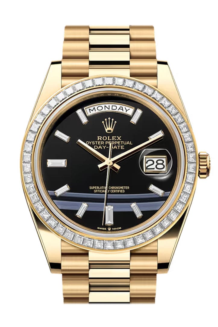 Rolex Day-Date 40 Onyx Black Baguette Diamond Dial Diamond Bezel Yellow Gold Ref. 228398TBR-0038
