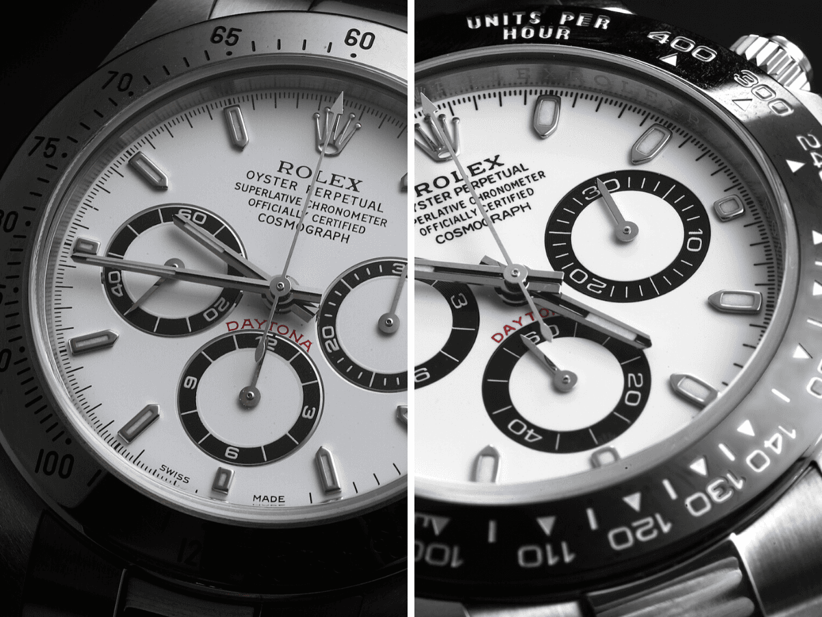 Close-up comparison of two Rolex Daytona white dial chronographs with steel bezels.
