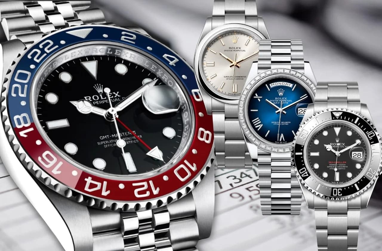 Luxury Rolex watches including GMT-Master II, Oyster Perpetual, Day-Date, and Sea-Dweller on stainless steel bracelets.