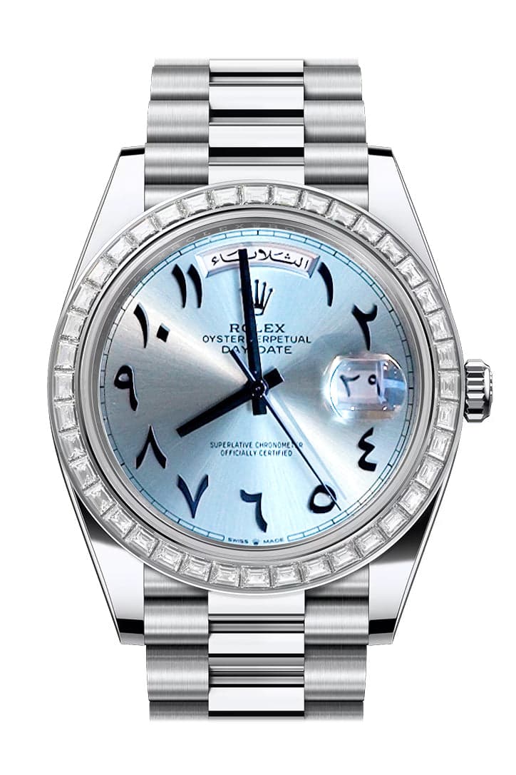 Rolex Day Date 40 Ice Blue Arabic Dial Diamond Bezel Platinum President Bracelet 228396TBR, image 1 of 2