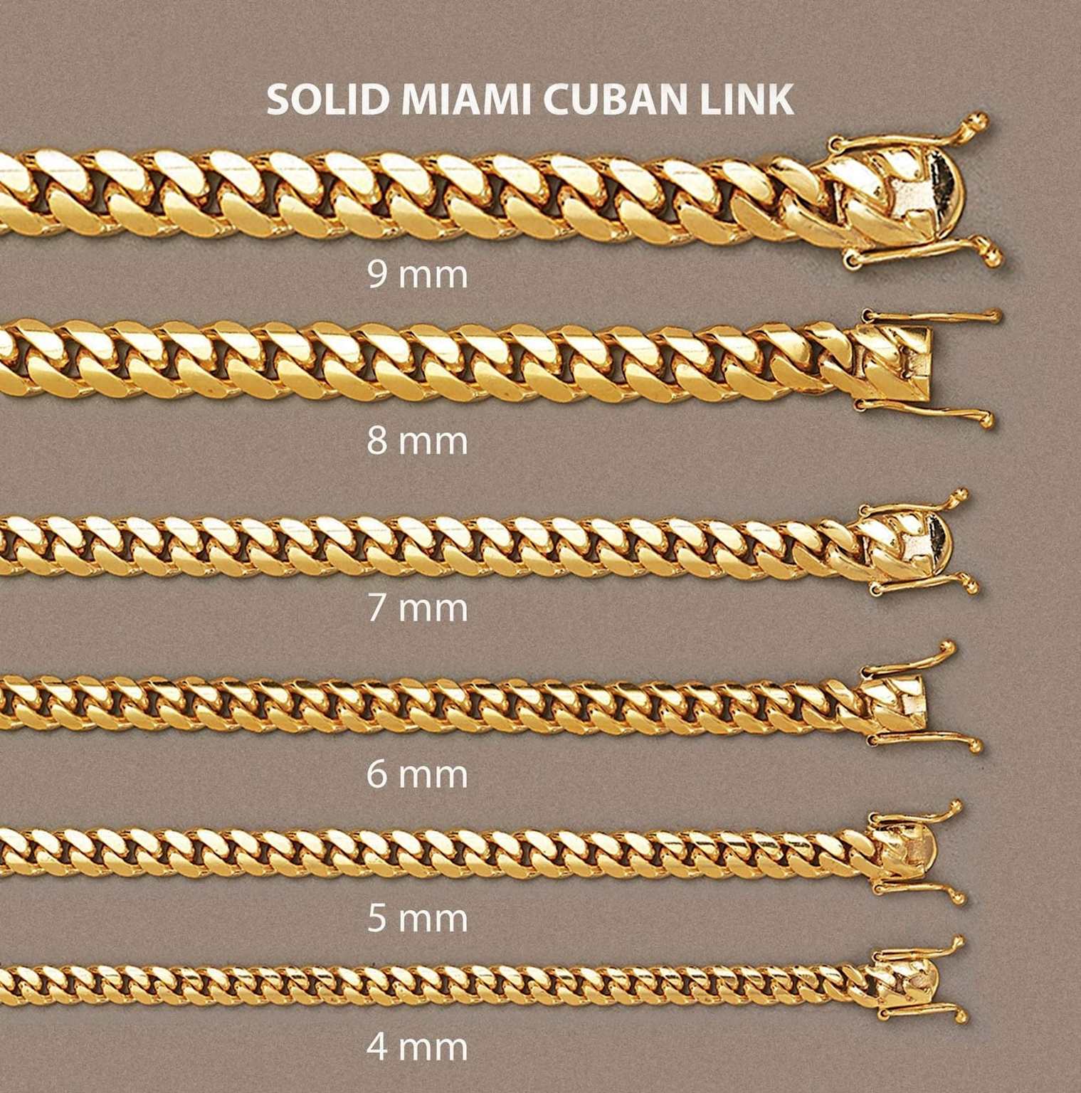 Solid Miami Cuban link chains displayed in various widths, ranging from 4 mm to 9 mm