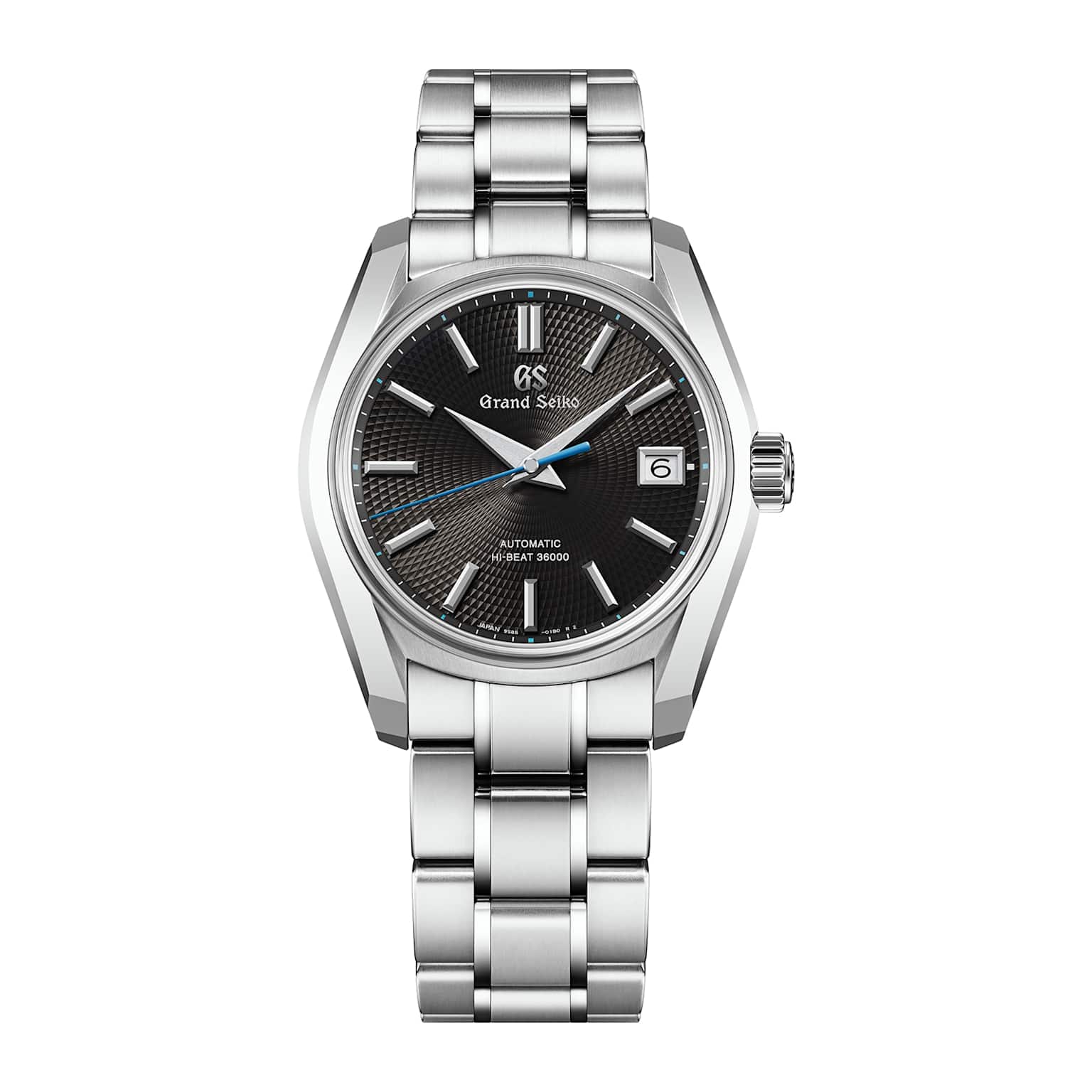 A Grand Seiko Heritage Hi-Beat watch featuring a patterned dark dial and a stainless steel case and bracelet