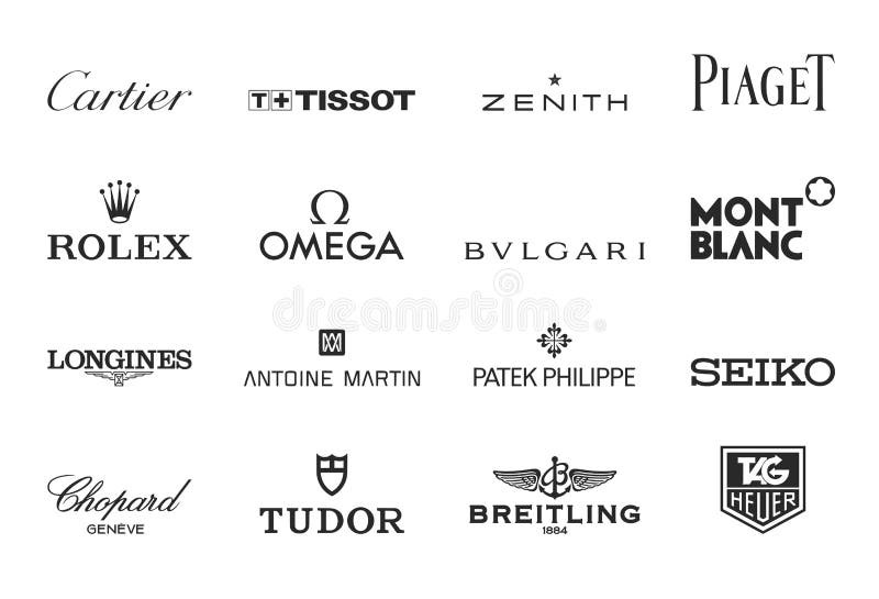 Logos of 16 top luxury watch brands including Rolex, Omega, and Patek Philippe on a white background