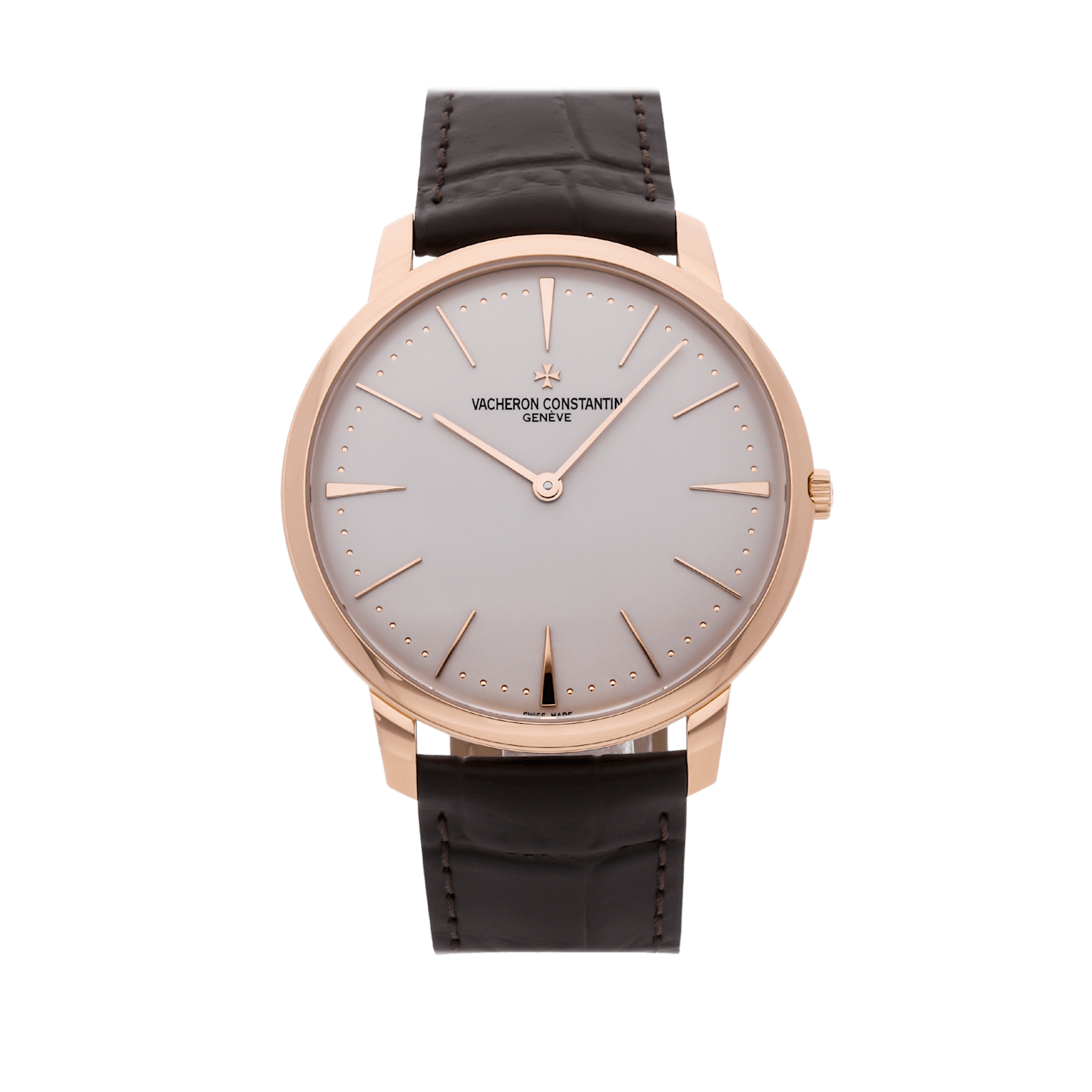 Vacheron Constantin Patrimony dress watch with rose gold case and minimalist dial embodying classic Swiss luxury