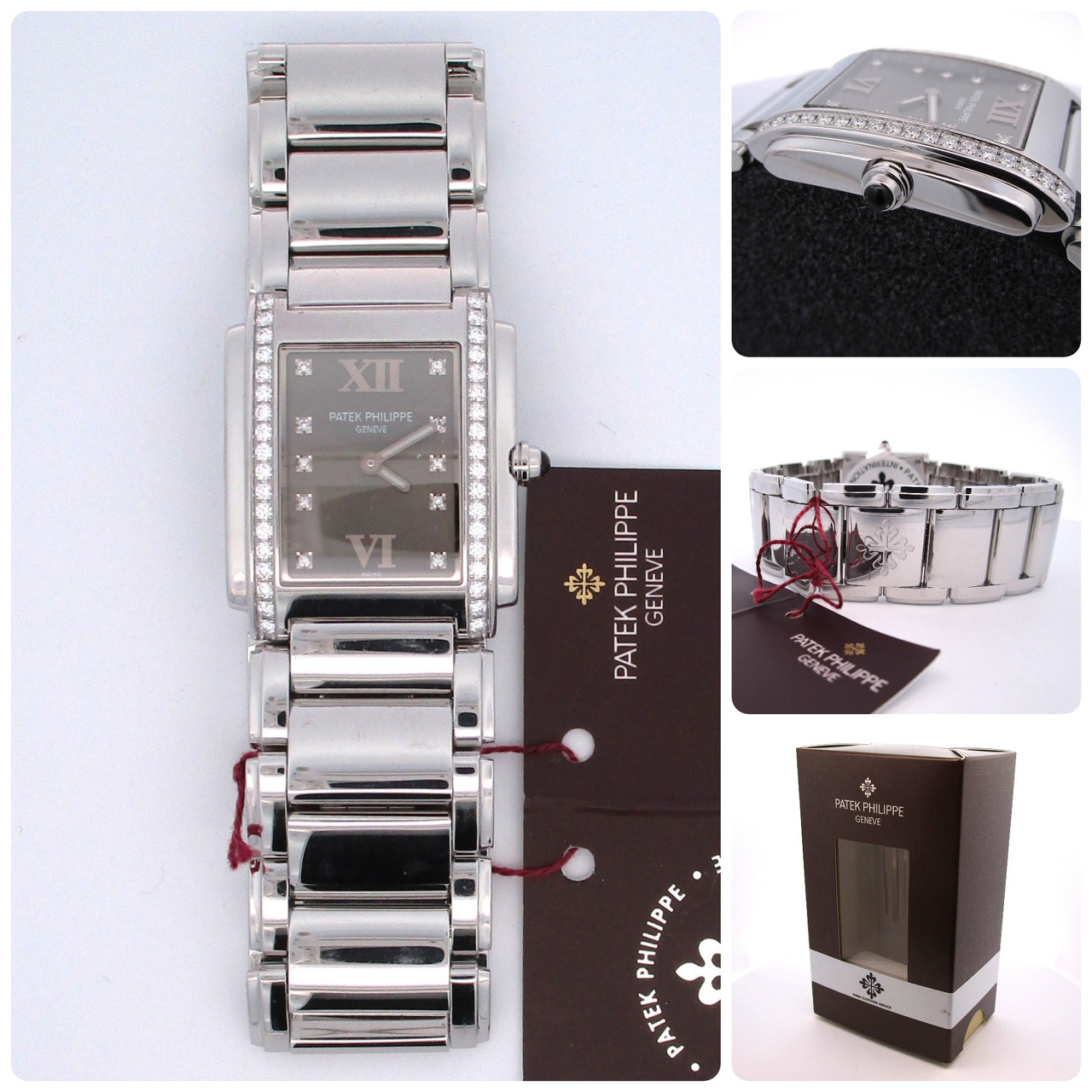 High-resolution images of the Patek Philippe Twenty-4 stainless steel diamond ladies' watch model 4910, showcasing its design, diamond accents, and packaging