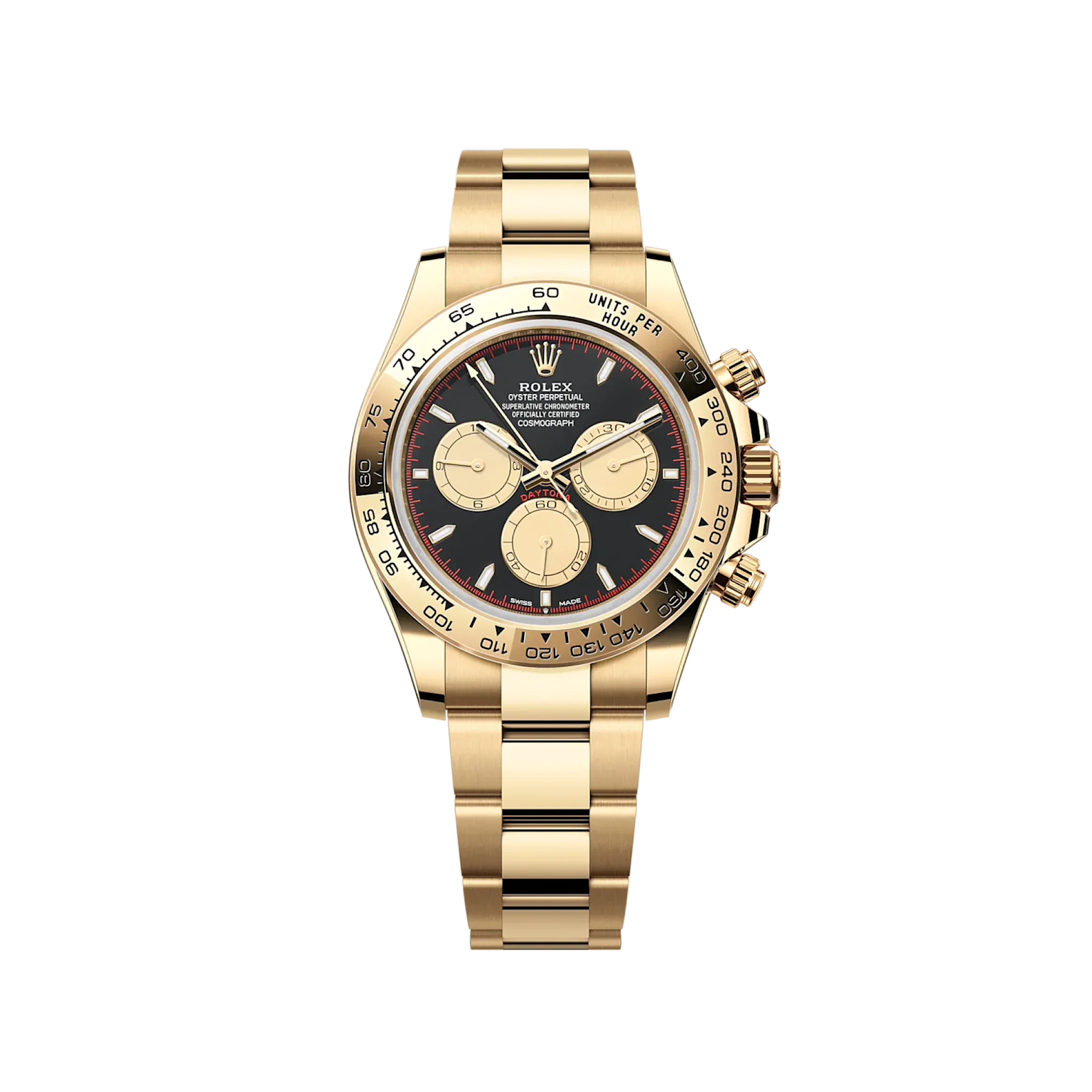 Yellow gold Rolex Daytona 126508 with black dial showcasing chronograph features and tachymeter bezel