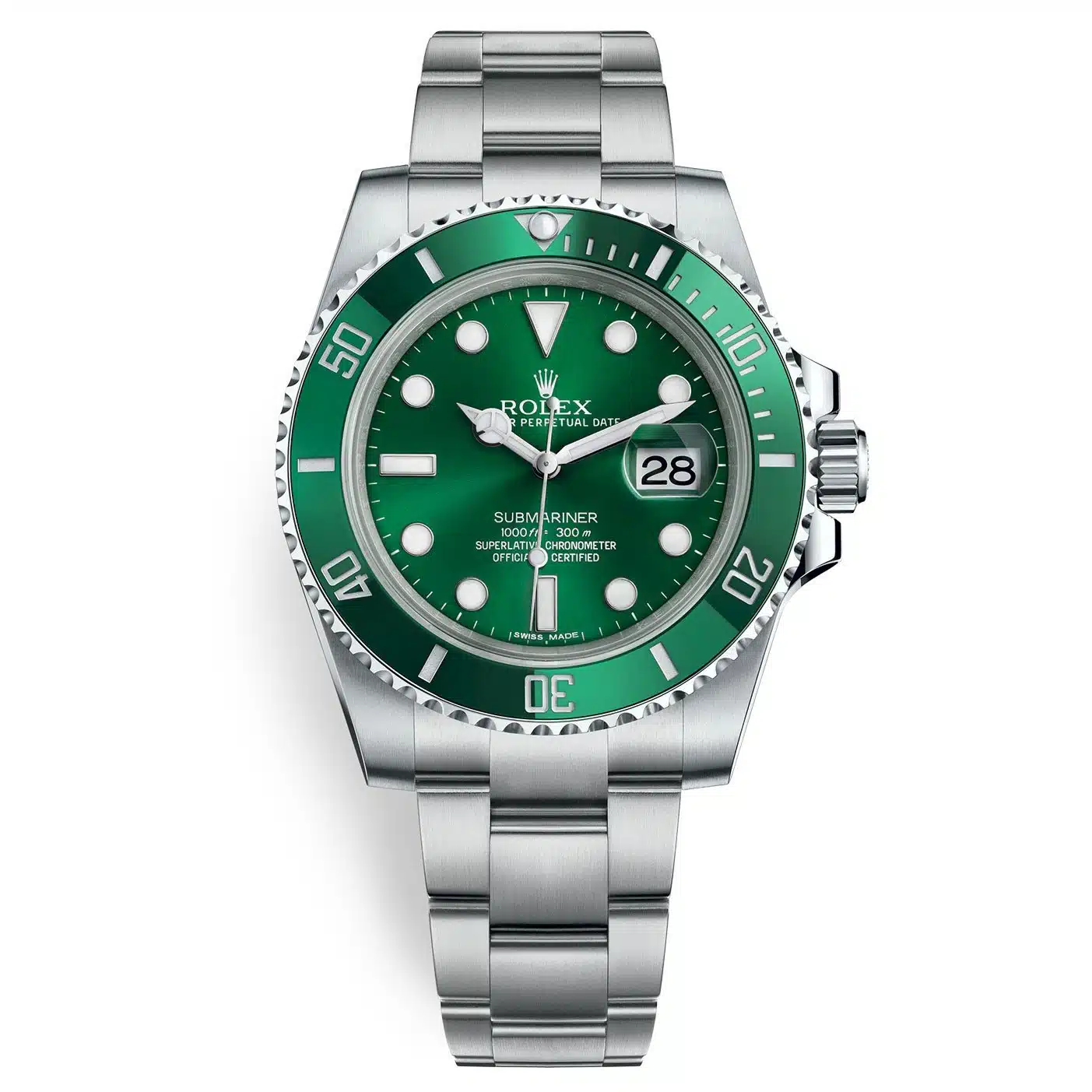 Rolex Submariner "Hulk" 116610LV with green dial and bezel, stainless steel Oyster bracelet, and date magnifier