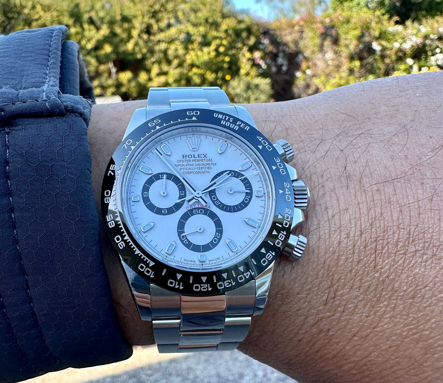 Rolex Cosmograph Daytona “Panda” 116500LN wrist shot showcasing the steel model’s iconic design and ceramic bezel