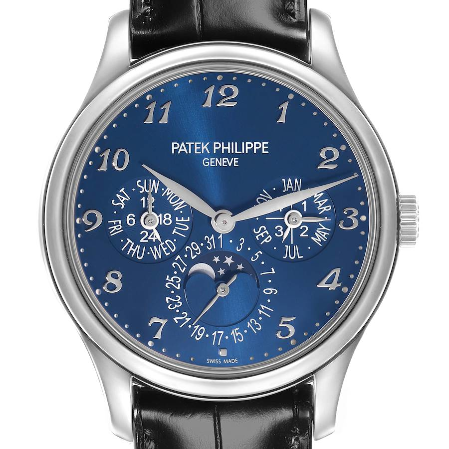 Close-up of a Patek Philippe Complications wristwatch with multiple calendar and moon phase functions