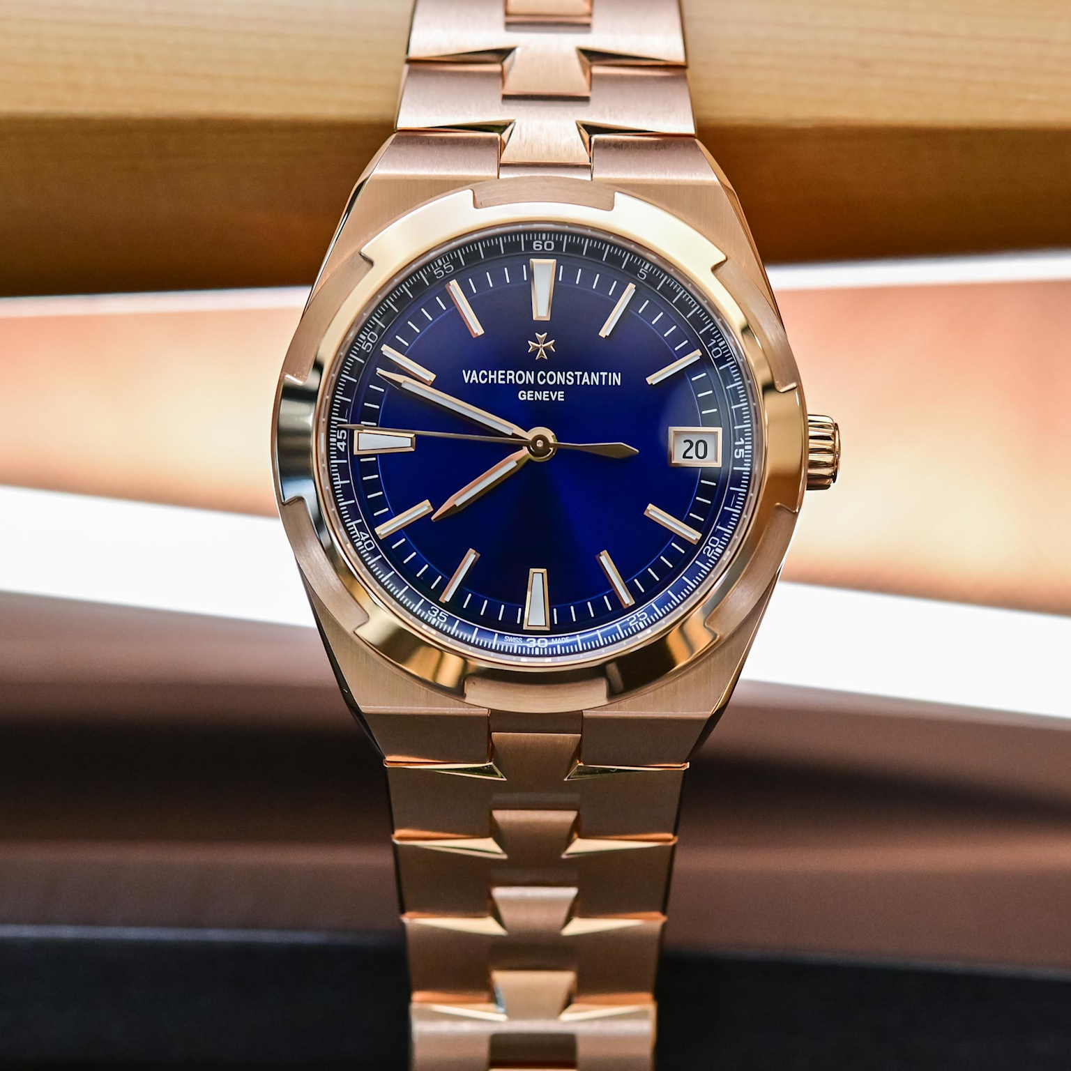 Vacheron Constantin Overseas watch in rose gold with a deep blue dial and integrated bracelet showcasing luxury craftsmanship
