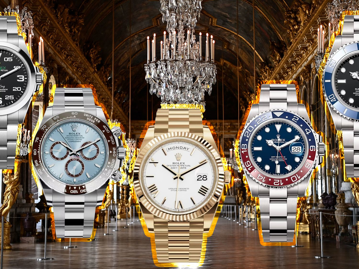 Iconic Rolex luxury watches featured against an opulent background highlighting prestige and craftsmanship