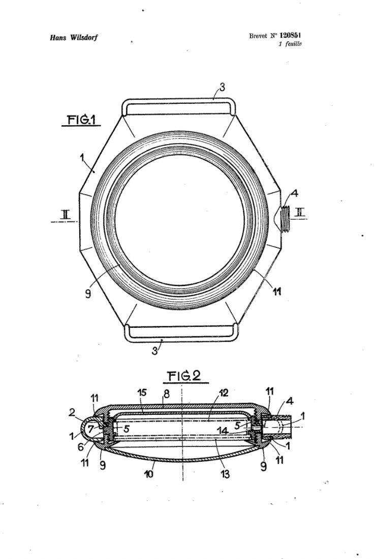 Rolex Oyster case patent technical drawing from 1926 showing the waterproof watch case design by Hans Wilsdorf