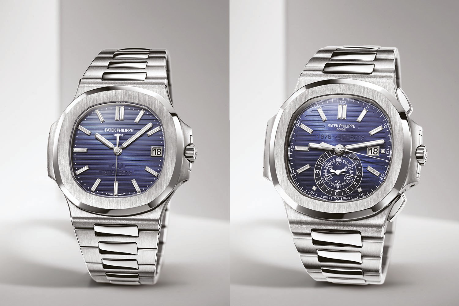 Side-by-side comparison of the original 1976 Patek Philippe Nautilus and its 40th-anniversary modern edition illustrating design evolution