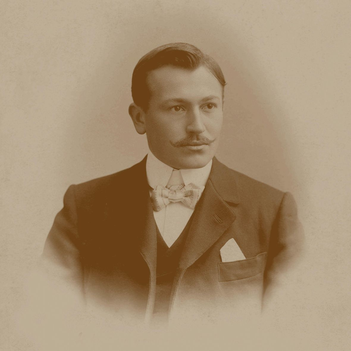Sepia-toned vintage portrait of Hans Wilsdorf, founder of Rolex, circa early 1900s