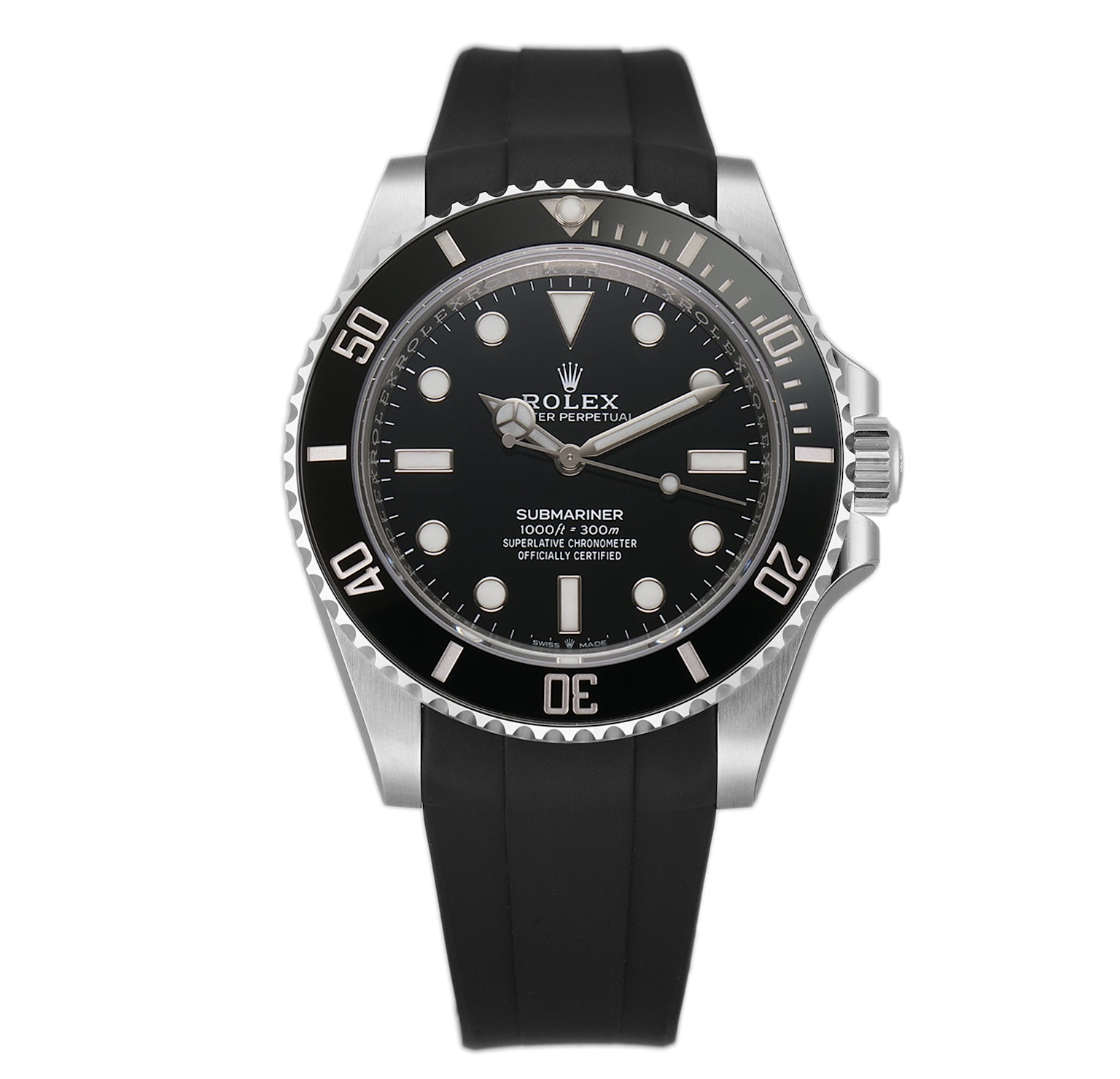 Rolex Submariner 124060 No-Date with black dial and ceramic bezel featuring a clean, symmetrical design and rubber strap