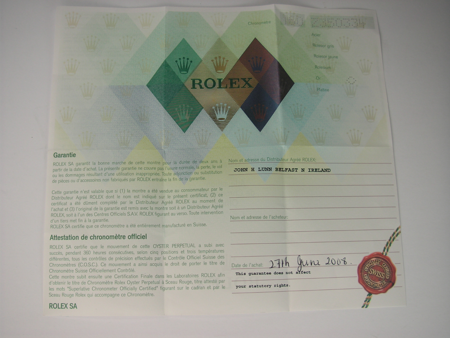 Rolex official warranty and chronometer certificate illustrating authentic luxury watch documentation and verification