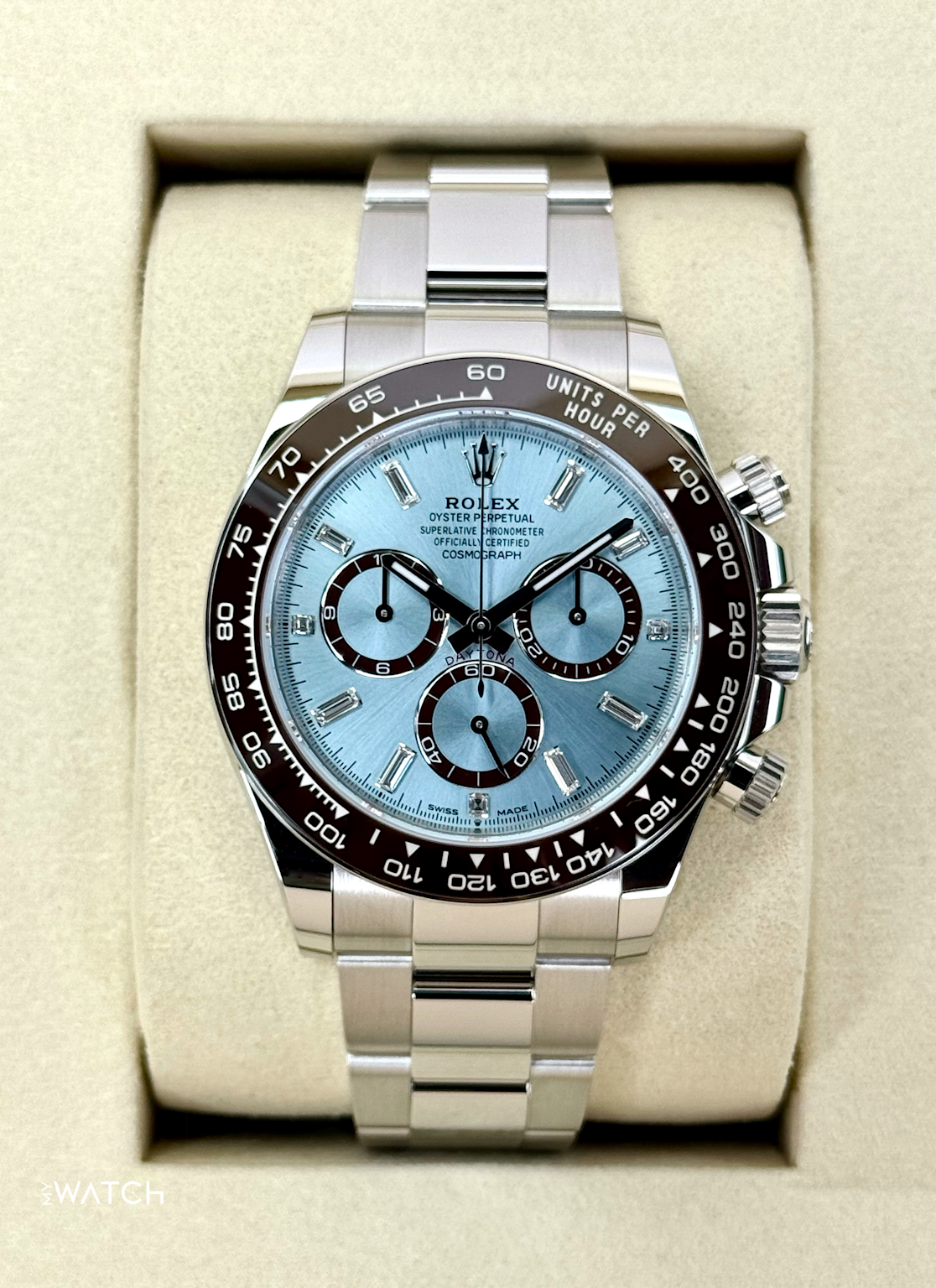 Rolex Daytona 126506 platinum model with ice blue diamond baguette dial and ceramic tachymeter bezel