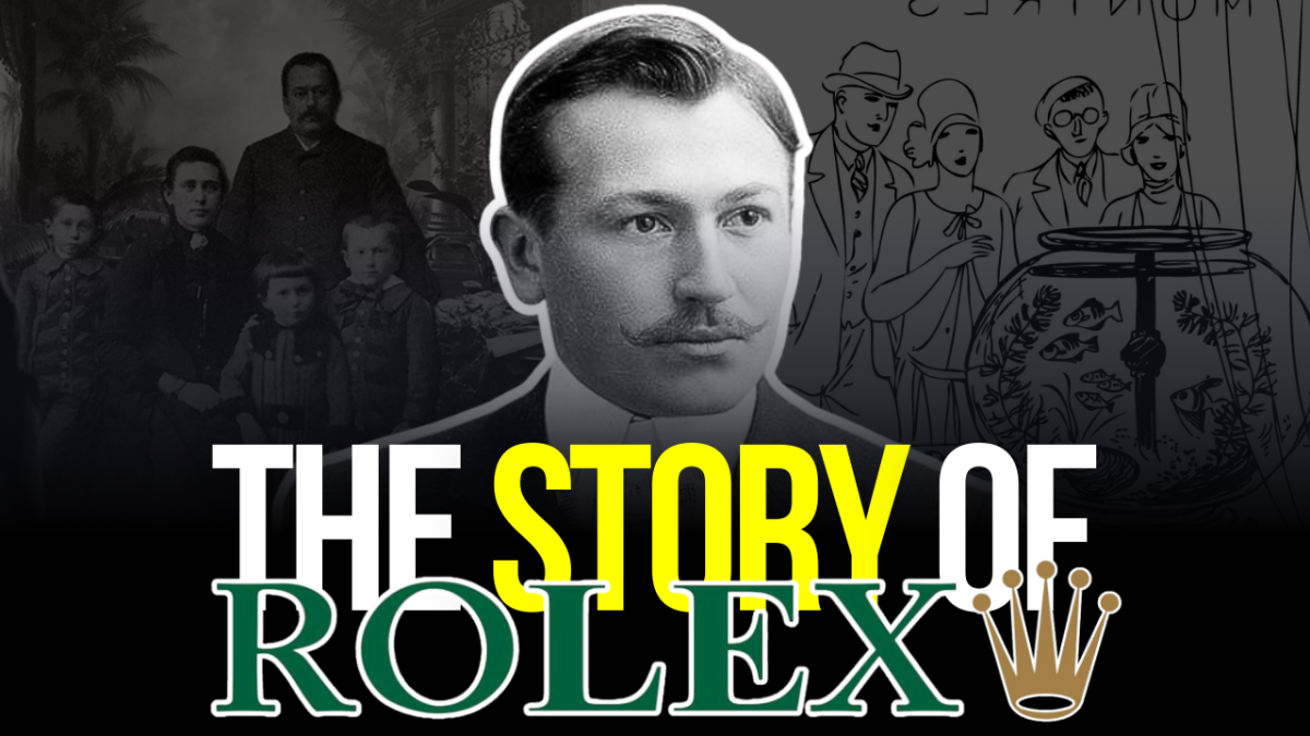 Portrait of Hans Wilsdorf with vintage imagery and the text “The Story of Rolex”