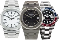 Patek Philippe Nautilus, Audemars Piguet Royal Oak, and Rolex GMT-Master II luxury stainless steel watches side by side.