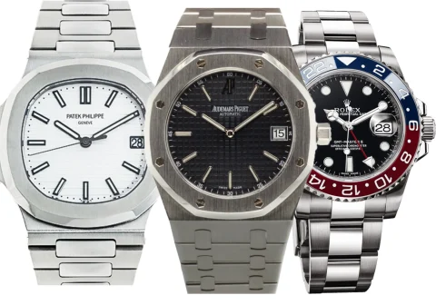 Patek Philippe Nautilus, Audemars Piguet Royal Oak, and Rolex GMT-Master II luxury stainless steel watches side by side.