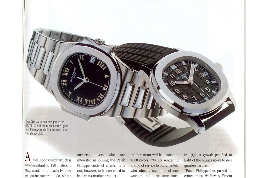 Patek Philippe Nautilus and Aquanaut luxury watches in stainless steel with black dials