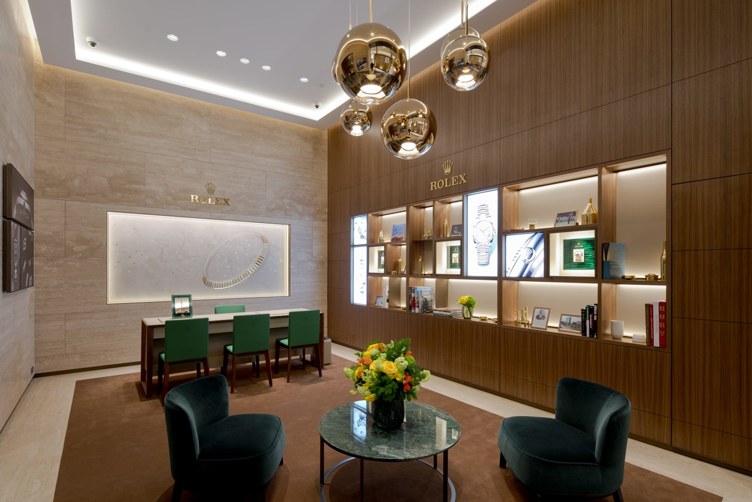Elegant Rolex boutique interior with luxury watch displays, wood paneling, and modern green seating.