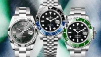 Rolex Datejust, GMT-Master II, and Submariner watches in stainless steel with black, green, and blue bezels.