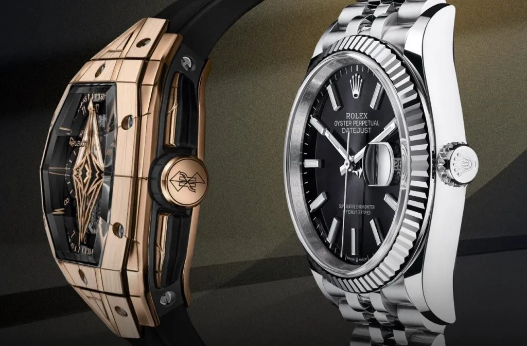 Rolex Datejust and Hublot King Power watches side by side, highlighting design and craftsmanship.