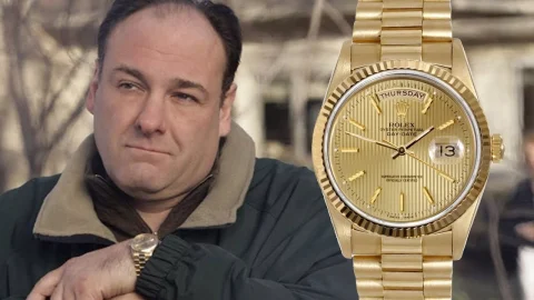 Rolex Day-Date gold watch with striped champagne dial worn by Tony Soprano.