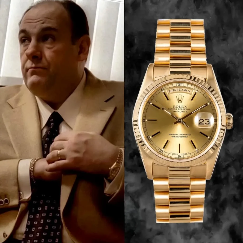 Rolex Day-Date President in yellow gold, worn by Tony Soprano in iconic luxury style.