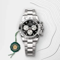 Rolex Cosmograph Daytona with black dial and silver subdials on Oystersteel bracelet.