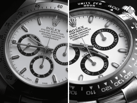 Close-up comparison of two Rolex Daytona white dial chronographs with steel bezels.