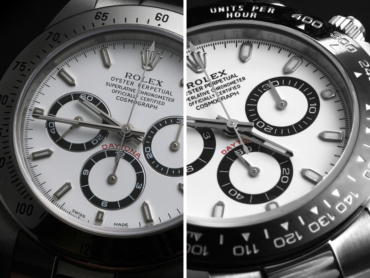 Close-up comparison of two Rolex Daytona white dial chronographs with steel bezels.