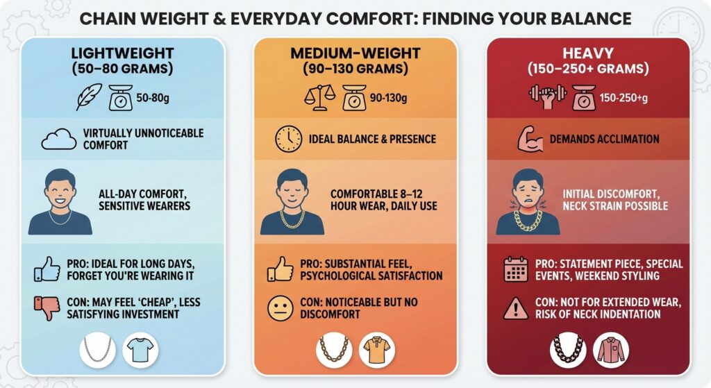 Infographic showing chain weight and everyday comfort levels for lightweight, medium-weight and heavy necklaces with gram ranges and pros and cons