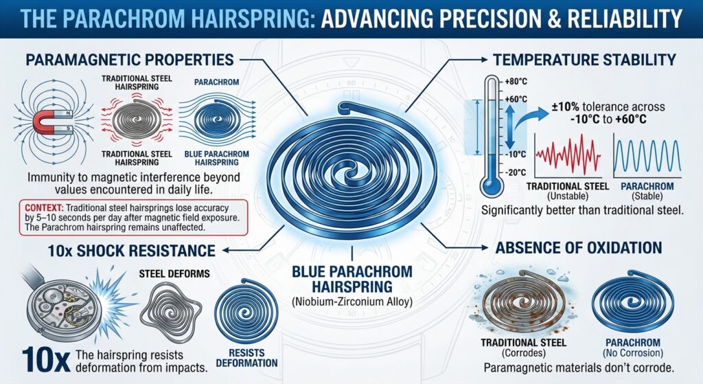 Rolex Parachrom hairspring infographic showing paramagnetic properties, shock resistance, temperature stability, and corrosion resistance.