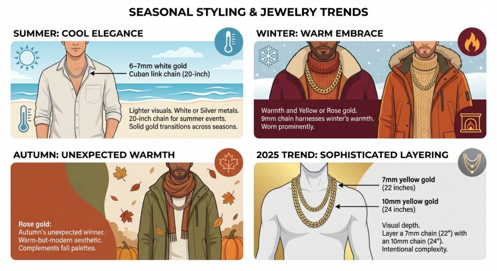 Infographic showing seasonal styling and jewelry trends for Cuban link chains in summer, autumn, winter and 2025 layering trends