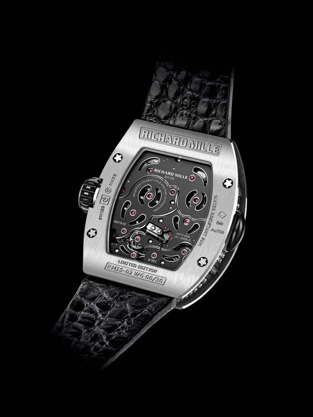 Richard Mille watch caseback showing skeletonized movement, limited-edition markings, and black alligator strap.