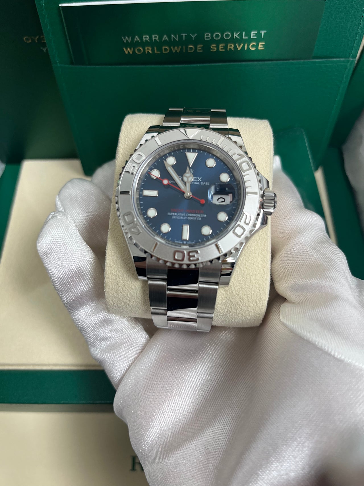 Rolex Yacht-Master steel with blue dial and platinum bezel in box with warranty booklet