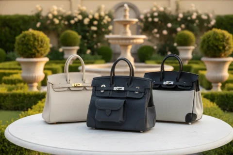 Three luxury Hermès Birkin handbags in cream, navy, and canvas displayed on a marble table in an elegant garden setting.
