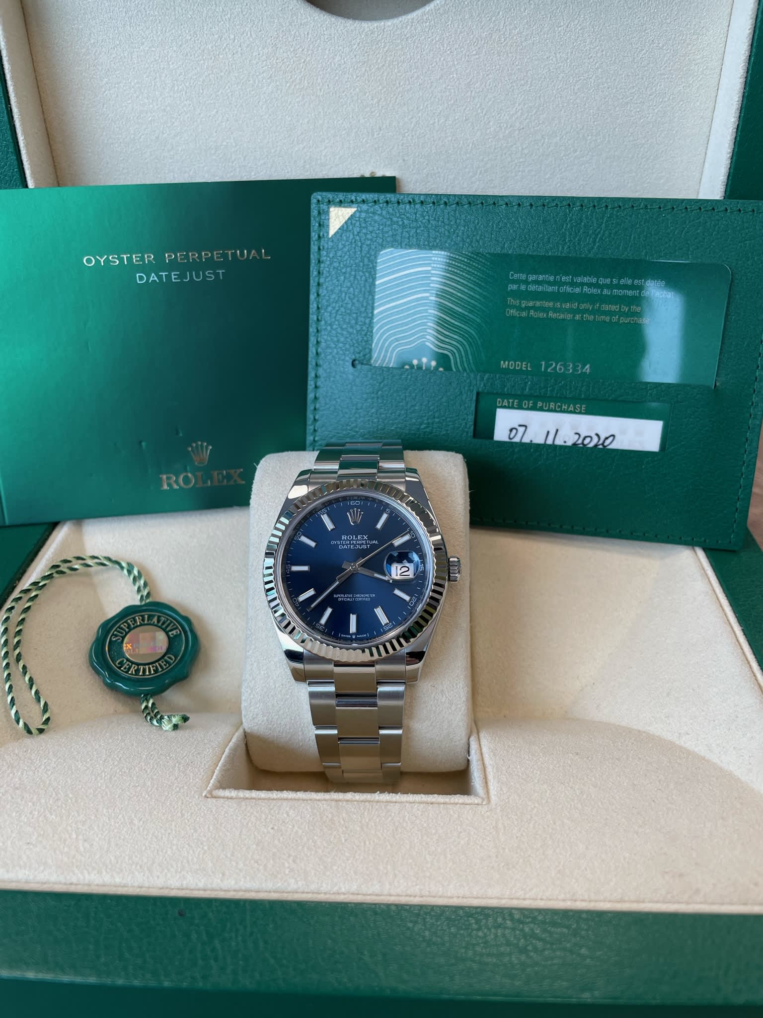 Rolex Datejust 126334 blue dial with fluted bezel full set box and papers