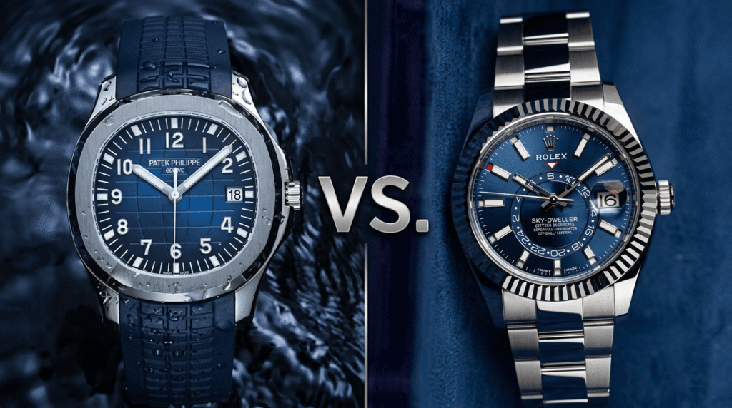 Patek Philippe Nautilus vs Rolex Sky-Dweller blue dial luxury watches comparison