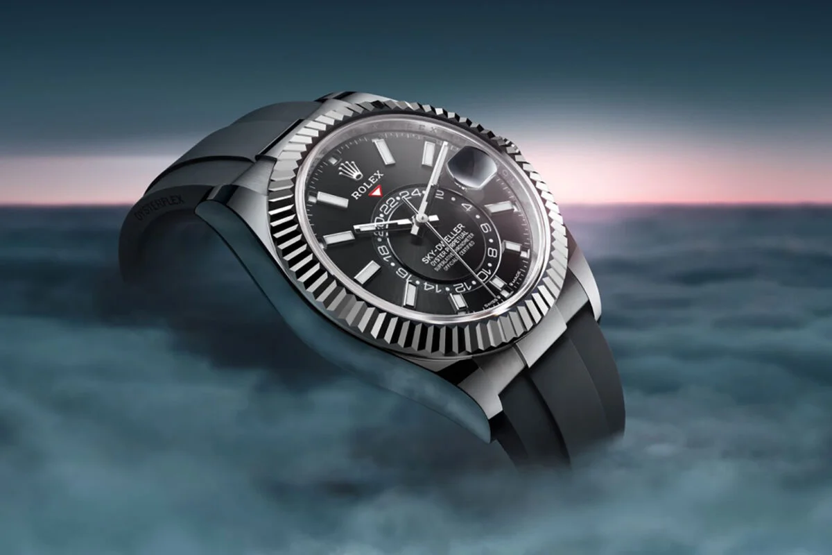 Rolex Sky-Dweller black dial with fluted bezel and Oysterflex strap luxury watch